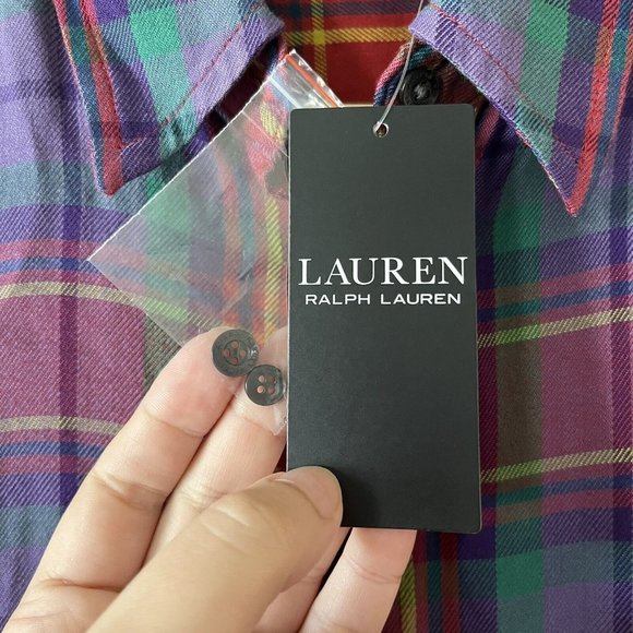 Lauren Ralph Lauren Top Size Small Rainbow Plaid Colorful Button Front Viscose - Picture 5 of 8
